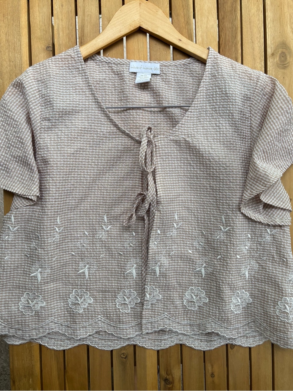 House of Harlow 1960 Gingham Tie Front Crop Blouse Embroidered Scallop Top